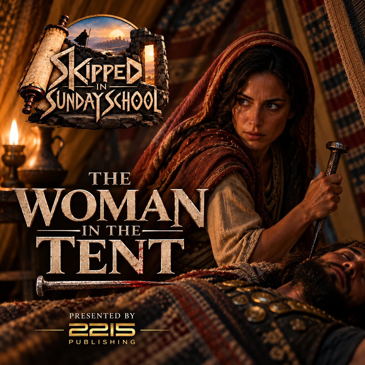 Cover art for The Woman In The Tent: Jael raising a tent peg inside a lamplit tent